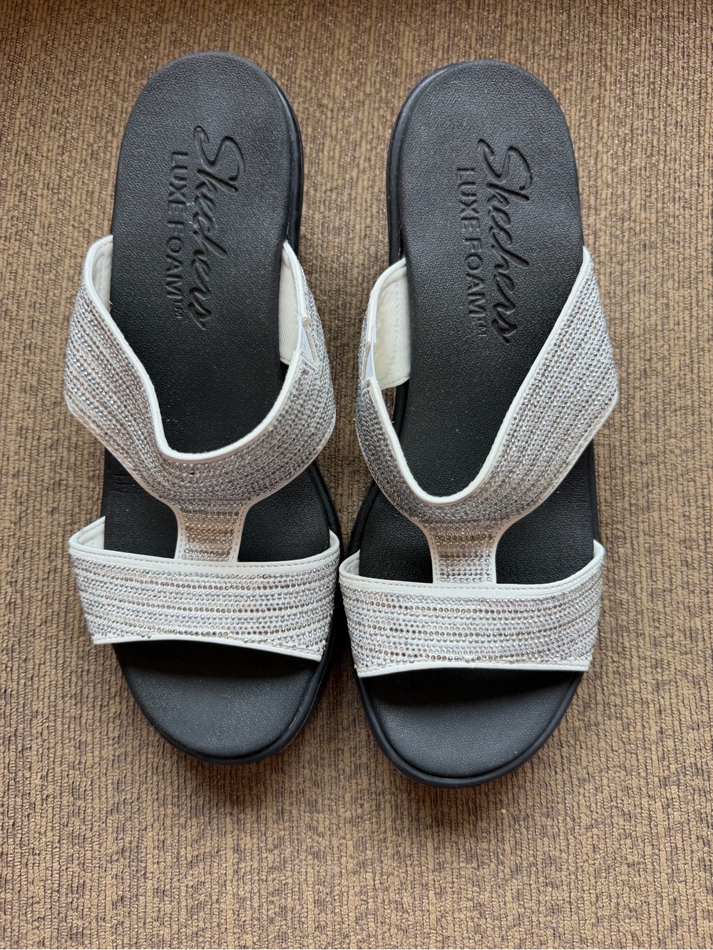 Skechers Women's Black Slide Sandals with Silver Knit Straps